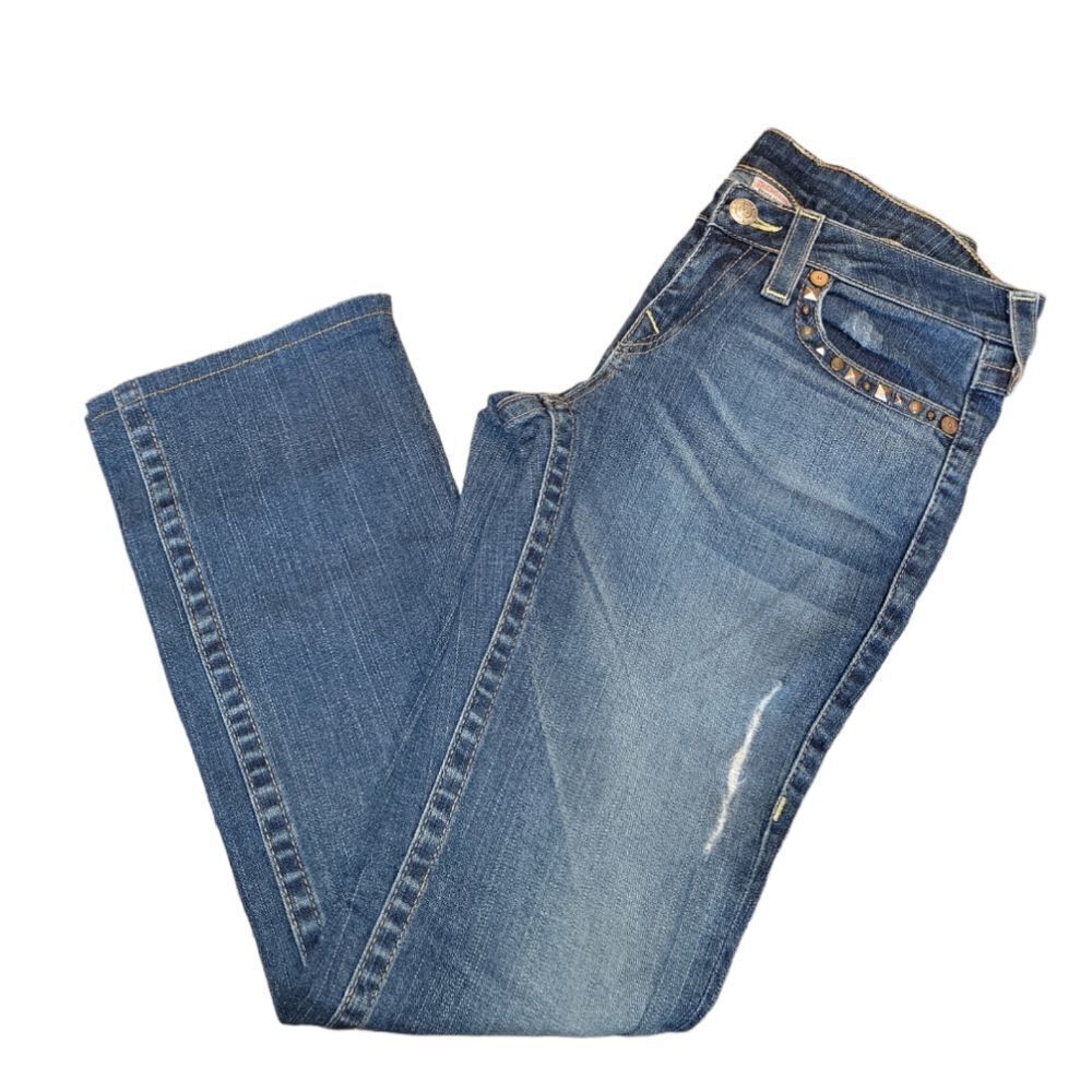 True Religion Billy Straight Leg Blue Jeans Studded and Distressed 30